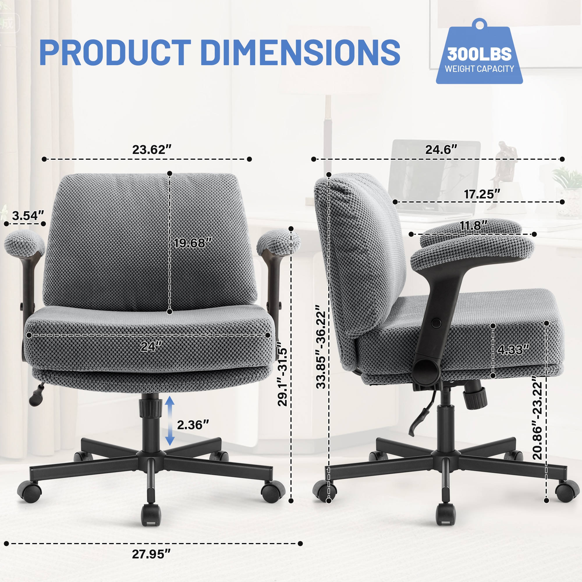 Criss Cross Chair With Wheels And Flip Arms- Comfy Fabric Cross Legged Office Chair With Thick Cushion&Wide Seat, Adjustable Swivel Desk Chair For Home Office, Apartment, Bedroom_voghion.com